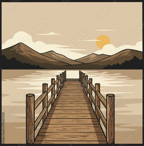 Wooden pier extending over calm lake with mountains and sunset in beige and brown colors landscape vector illustration 