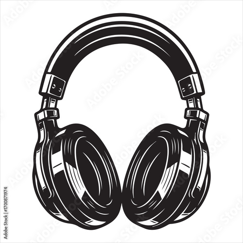 Monochrome Headphones Illustration Stylish Audio Equipment for Music Lovers and Professionals Detailed Black and White Design for Print