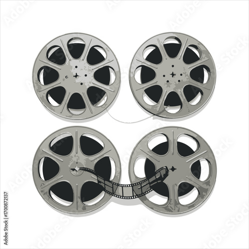 Vintage Film Reels Connected by Filmstrip Creating a Nostalgic Movie Theme on Clean White Background