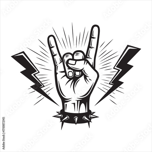 Monochrome Rock On Hand Sign with Spiked Wristband and Lightning Bolts Emanating with Rock and Roll Energy and Rebel Attitude