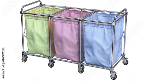 Mobile laundry cart with three compartments.  Pastel-colored fabric bins