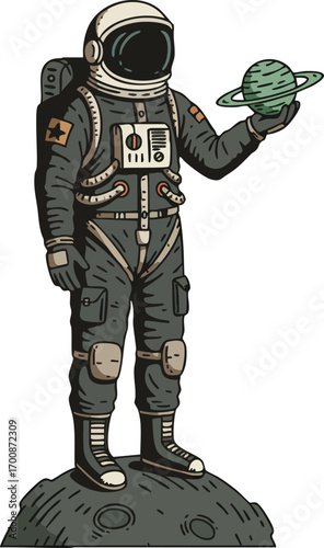 Astronaut holding green planet with rings standing on cratered surface in space exploration vector illustration 