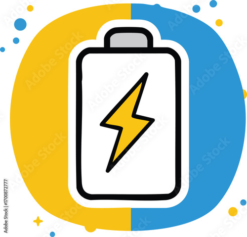 Battery icon with yellow and blue background energy symbol vector illustration for power and technology concept