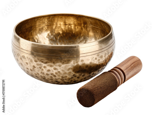 Golden singing bowl with wooden mallet