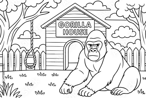 hand drawn vector doodle illustration of gorilla house coloring page for kids line art