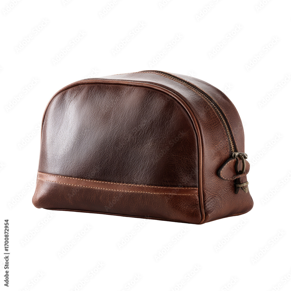 Naklejka premium Brown leather travel cosmetic bag. Rounded, zippered pouch. High-quality craftsmanship
