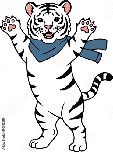 White tiger cub standing with blue scarf happy playful cartoon animal vector illustration 