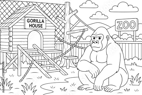 hand drawn vector doodle illustration of gorilla house coloring page for kids line art