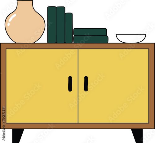 Mid century modern wooden sideboard with yellow doors decorative vase books and bowl vector illustration 