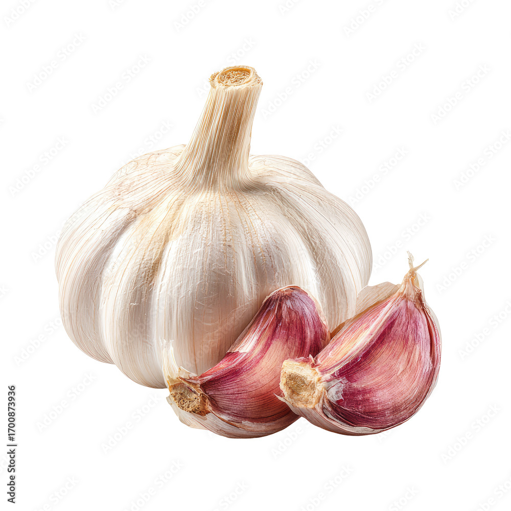 Obraz premium Close-up of a head of garlic with cloves. Fresh, whole bulb and separated cloves. Natural light highlights the white exterior and deep red interior of the cloves