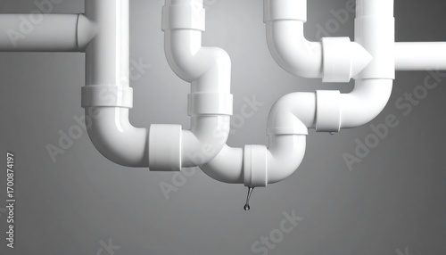 A complex network of white plastic pipes displays a leak, dripping water onto a neutral backdrop.