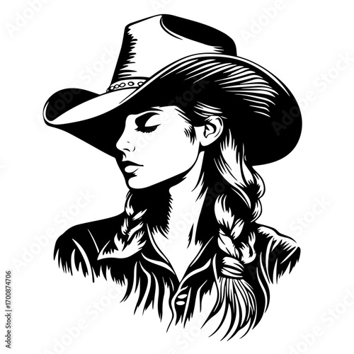 Beautiful cowgirl portrait silhouette with braided hair and wide brim hat, western rodeo style vector illustration