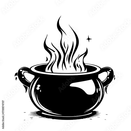 Steaming soup cauldron silhouette with aromatic vapor, cozy kitchen cooking pot vector illustration icon