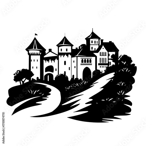 Medieval castle silhouette atop hill with winding road, fortified fairy‑tale fortress vector illustration