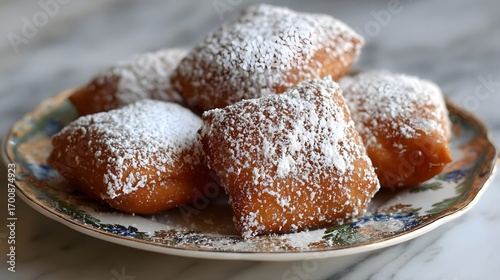 A plate of beignets dusted with powdered sugar, a classic new orleans treat