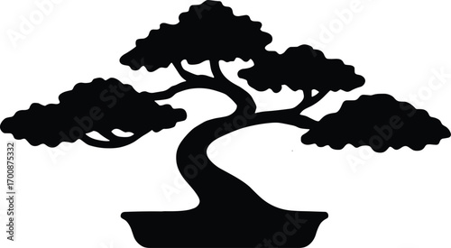vector silhouette, bonsai tree in shallow pot, windswept style, solid black