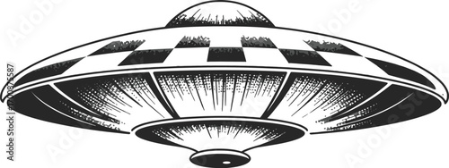 Retro black and white UFO illustration, vintage flying saucer drawing, extraterrestrial spaceship art, alien spacecraft design, sci fi concept graphic