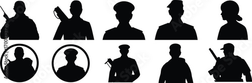 Military silhouettes, armed soldiers, law enforcement officers, tactical team, army personnel, security forces, combat gear, rifle holding, uniformed men, defense concept illustration