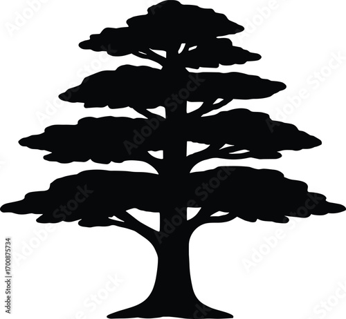 vector silhouette, cedar tree with broad tiered layers, solid black