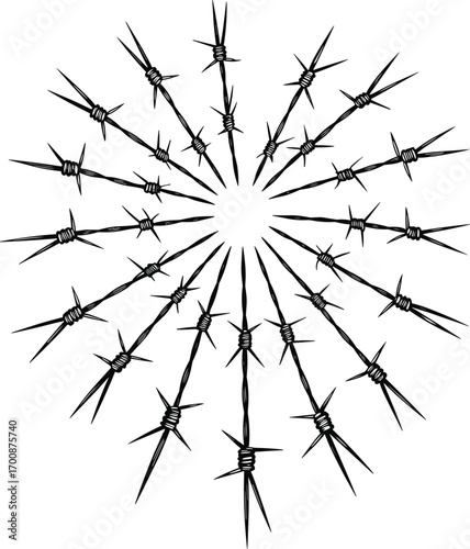 Radial barbed wire pattern, symmetrical security design, sharp metal spikes, dangerous fencing concept, industrial protection barrier, confinement and restriction symbol
