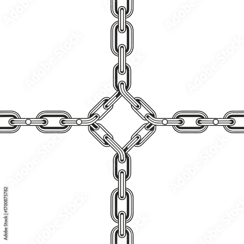 Metal chain cross, industrial link pattern, symmetrical design, diamond center, strong steel structure, mechanical connection, heavy duty, geometric symmetry, strength symbol, durability