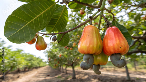 sunlit scene of fresh cashew apples hanging from a tropical tree branch, fully ripe and ready for harvest