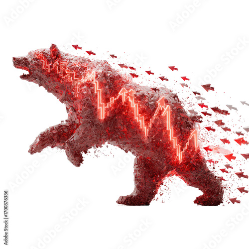 A red, distressed bear, stylized as a graphic, with a stock chart pattern woven within its form, leaping forward