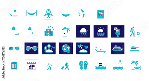 Vector icon sheet of travel and vacation scenes including beach, transport, and leisure in minimalist modern blue and white style for tourism, holidays, and travel websites