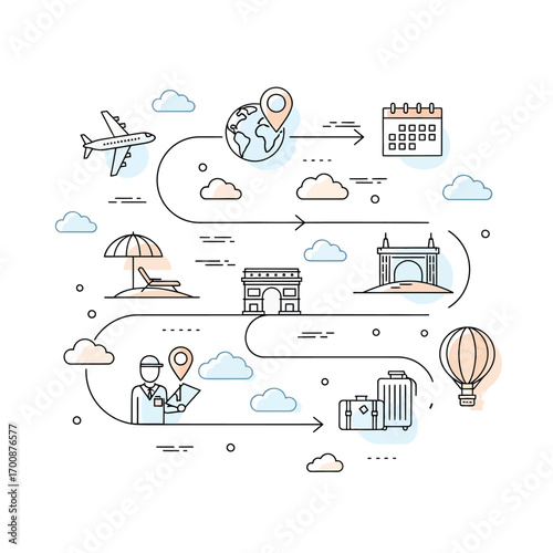 Vector icons of travel and vacation planning with airplane, suitcase, calendar, landmarks, beach, and hot air balloon representing tourism, trips, and holiday preparation