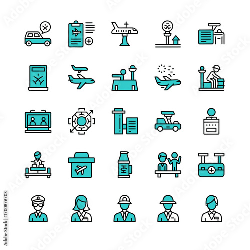 Vector icon sheet of airport icons in modern line art style including car rental, check-in, plane, control tower, baggage claim, information, departure, arrival, pilot, and stewardess