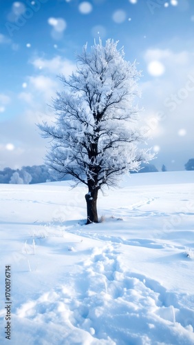 Snowy winter landscape with frosted tree