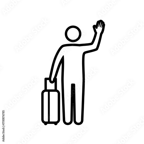 Vector icon of minimalist line art traveler waving with suitcase symbolizing travel, tourism, journey, farewell, airport commute, and international adventure themes