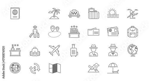 Vector icon sheet of travel and vacation essentials including passport, airplane, suitcase, hotel, beach, mountain, globe, and world map for tourism, holiday, and adventure planning