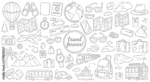 Vector icon sheet of handdrawn travel illustrations including hot air balloon, airplane, globe, suitcase, mountain, palm tree, and transportation for tourism, vacation, and adventure