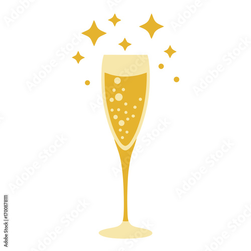 Sparkling champagne flute with bubbles and stars
