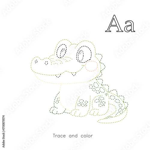 Cute alligator trace and color worksheet with letter A. Educational printable for preschool kids to learn alphabet, handwriting, and coloring activity.