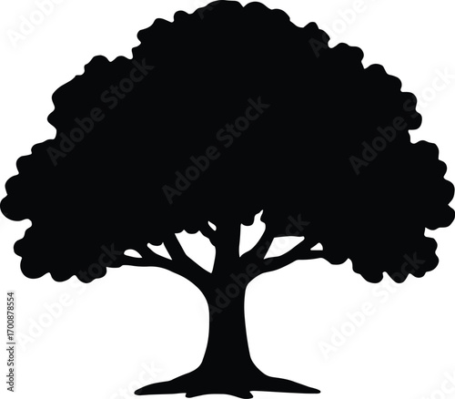 vector silhouette, oak tree with broad rounded canopy, single trunk, solid black