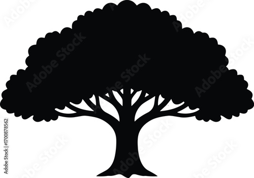 vector silhouette, oak tree with broad rounded canopy, single trunk, solid black
