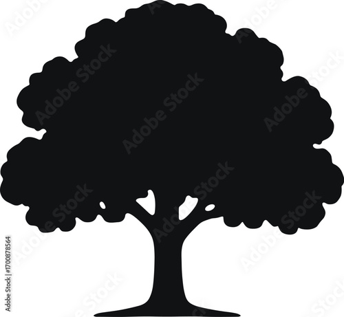 vector silhouette, oak tree with broad rounded canopy, single trunk, solid black