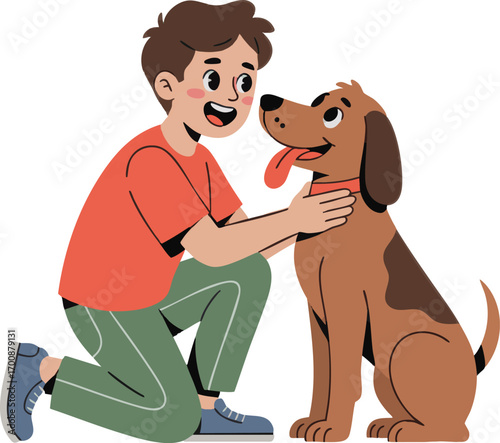 A cheerful dog owner kneeling with pet dog vector illustration