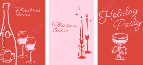 Merry Christmas, hand drawn illustrations of wine, champagne, holiday cocktails and candles. Vertical Christmas cards in modern vintage style. Christmas eve dinner, glasses, tree decorations elements