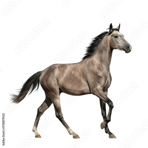 Gray horse trotting isolated on white background