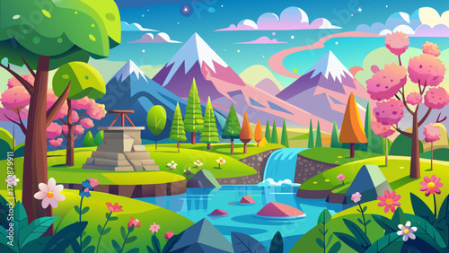 A breathtaking nature spring day in flat design, rolling green hills under a clear sky, cherry blossoms drifting, wildflowers blooming brightly, aesthetic and epic atmosphere capturing renewal and ser