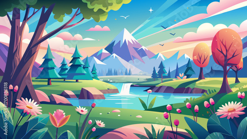 A breathtaking nature spring day in flat design, rolling green hills under a clear sky, cherry blossoms drifting, wildflowers blooming brightly, aesthetic and epic atmosphere capturing renewal and ser