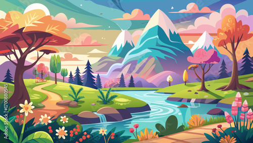 A breathtaking nature spring day in flat design, rolling green hills under a clear sky, cherry blossoms drifting, wildflowers blooming brightly, aesthetic and epic atmosphere capturing renewal and ser