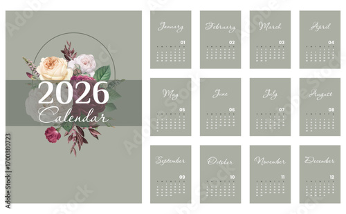 Vector illustration. Minimalistic calendar 2026 printable template a4. Week starts on Sunday