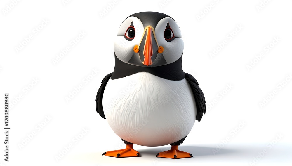 Fototapeta premium Adorable cartoon-like bird with a large orange beak and expressive eyes, standing against a clean white background