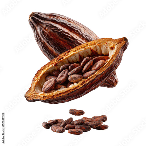 Two open cacao pods, revealing beans inside, with scattered beans below