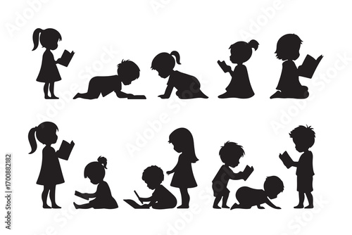 Black silhouettes of children reading books in various poses