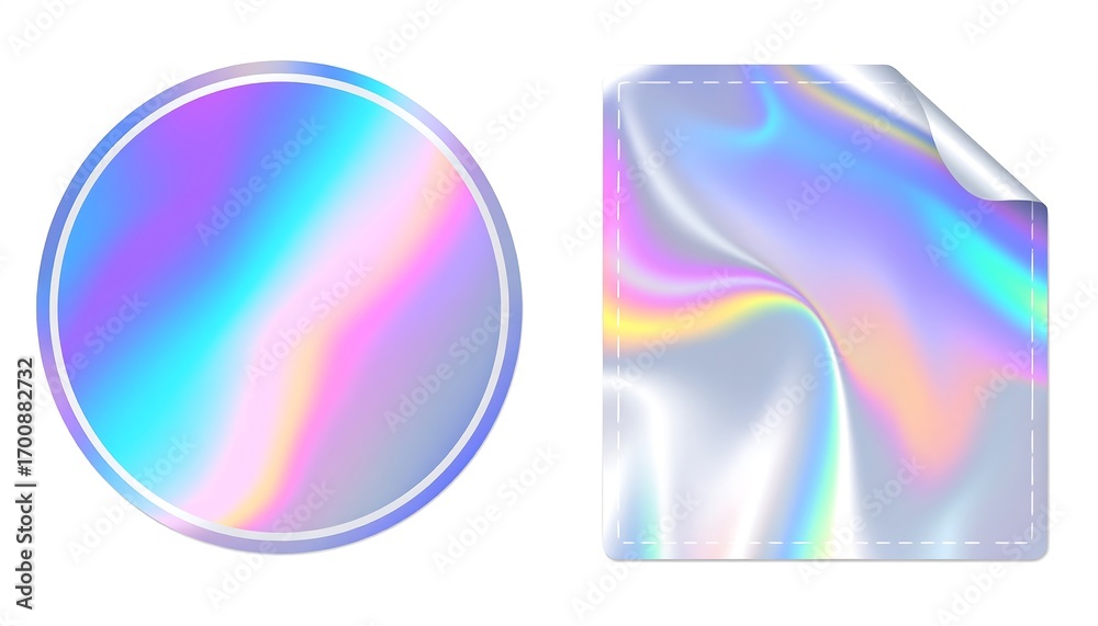 Fototapeta premium Two iridescent holographic stickers, one circular and one rectangular, feature vibrant gradients of pastel colors, creating a visually captivating design.